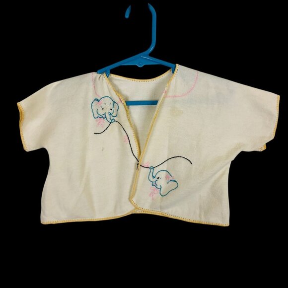 Vtg Baby Flannel Open Jacket Hand Embroidered Elephants Crocheted Edge Yellow - Picture 1 of 9